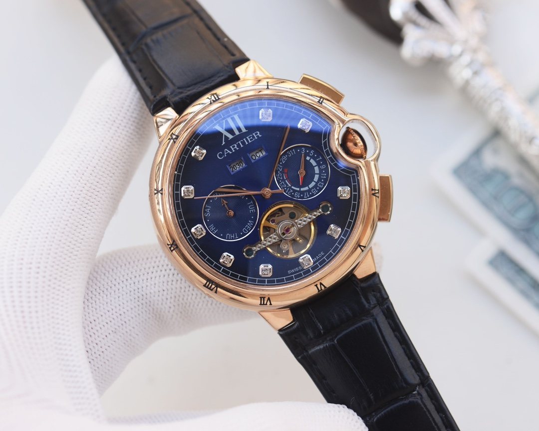 Cartier Rose Gold Black Blue Dial Strap Watch