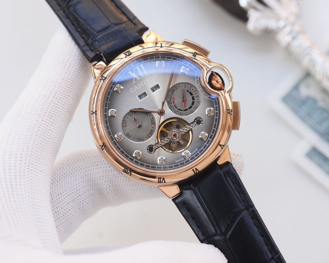 Cartier Rose Gold Black Silver Dial Strap Watch