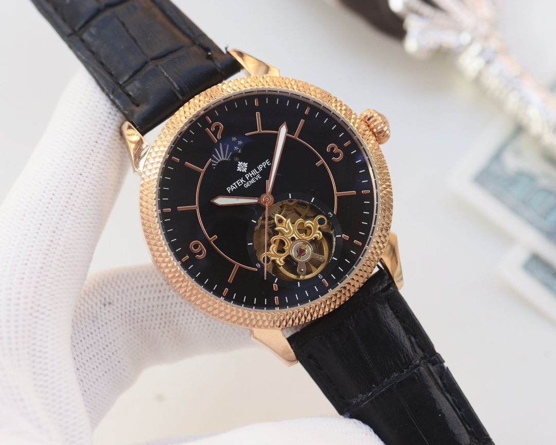 Patek Philippe Rose Gold Black Dial Strap Watch