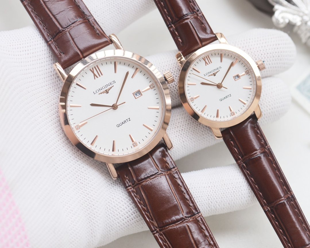 Longines Rose Gold Brown Strap Couple Watch Set
