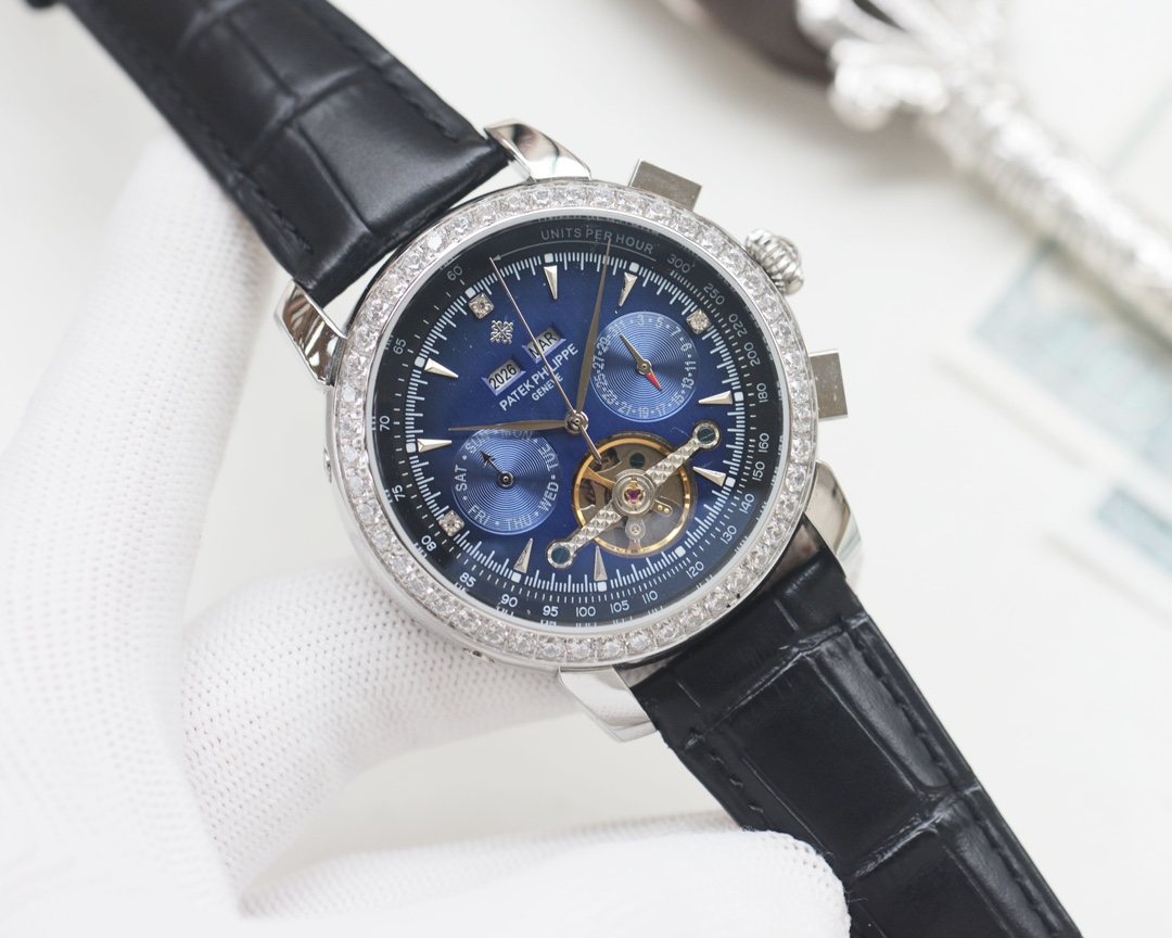 Patek Philippe Silver Black Blue Dial Strap Watch