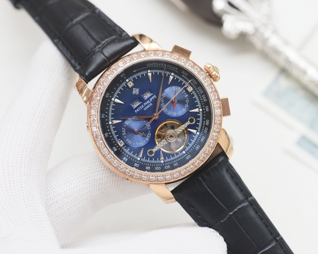 Patek Philippe Rose Gold Black Blue Dial Strap Watch