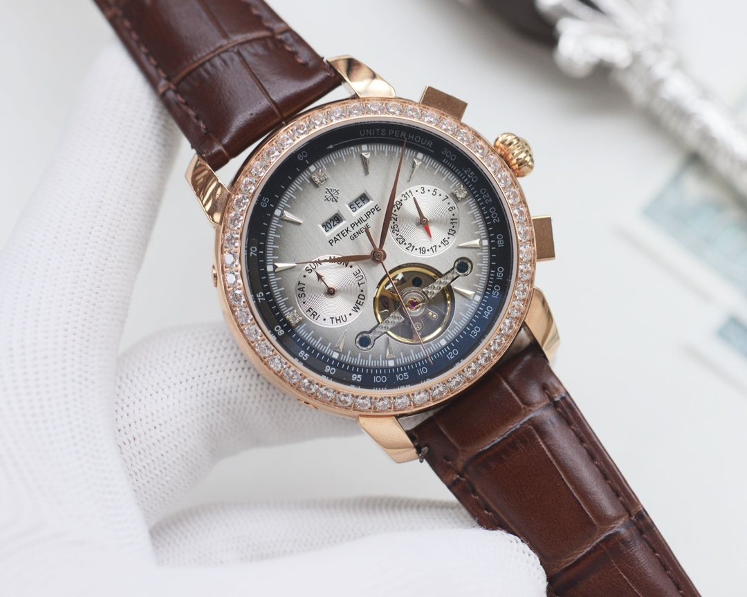 Patek Philippe Rose Gold Silver Blue Dial Strap Watch