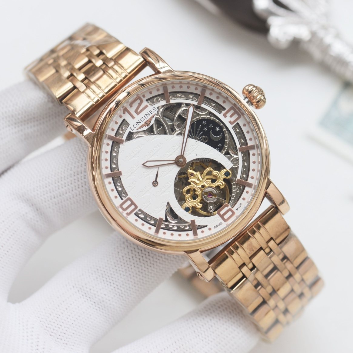 Longines Rose Gold White Bracelet Watch