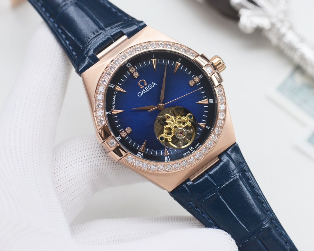 OMEGA Rose Gold Blue Dial Strap Watch