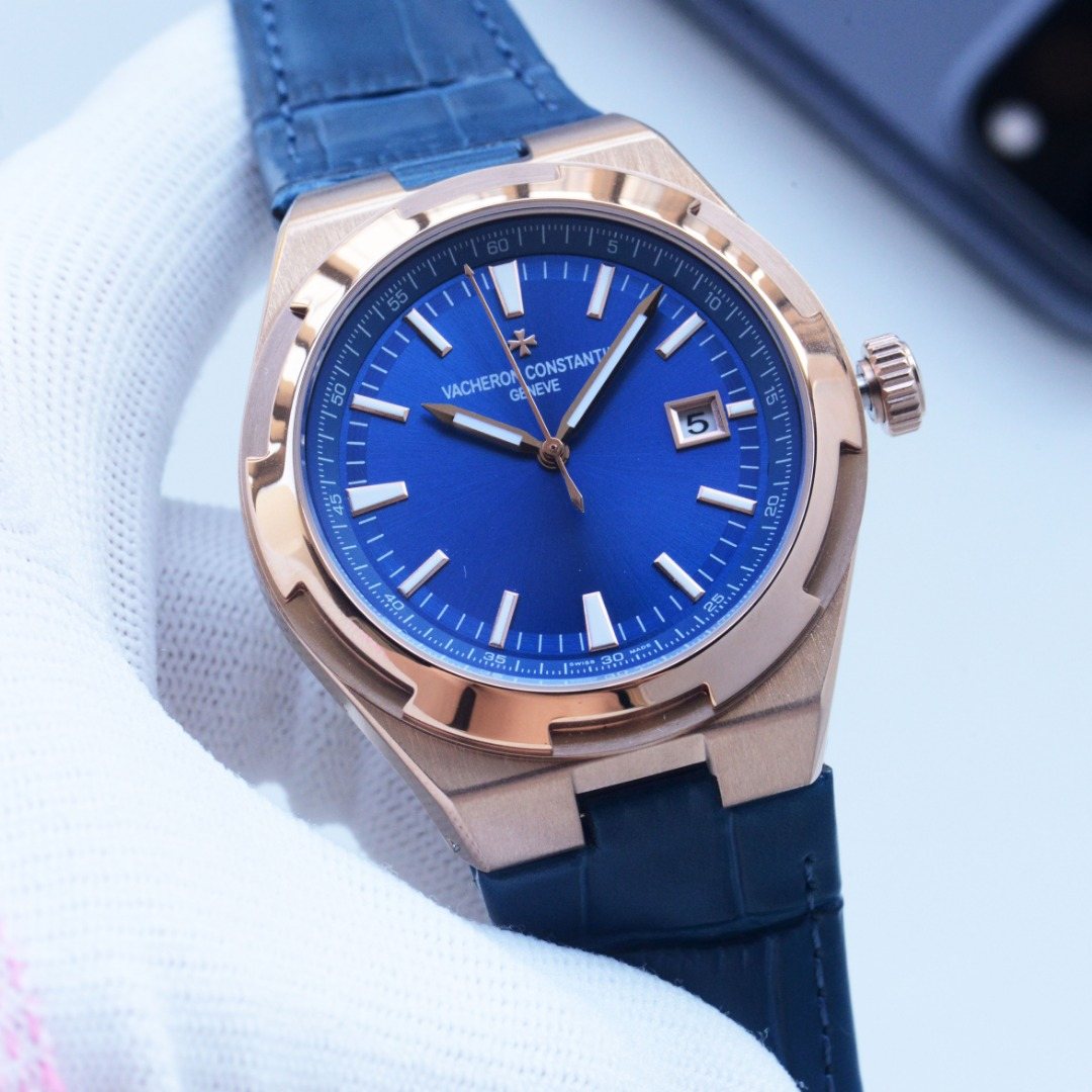 VACHERON CONSTANTIN Rose Gold Blue Dial Leather Strap Watch