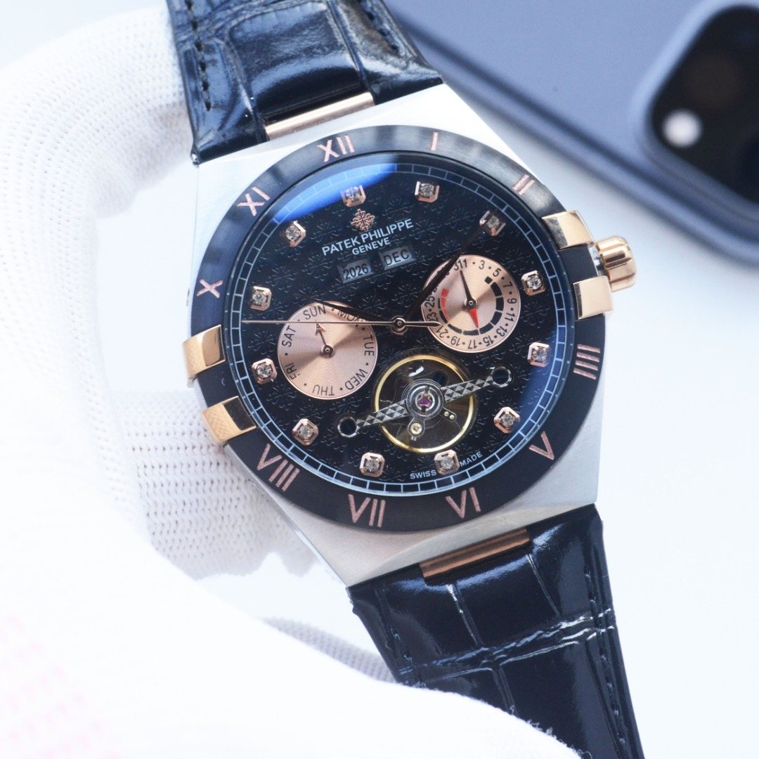 Patek Philippe Two Tone Black Dial Leather Strap Watch