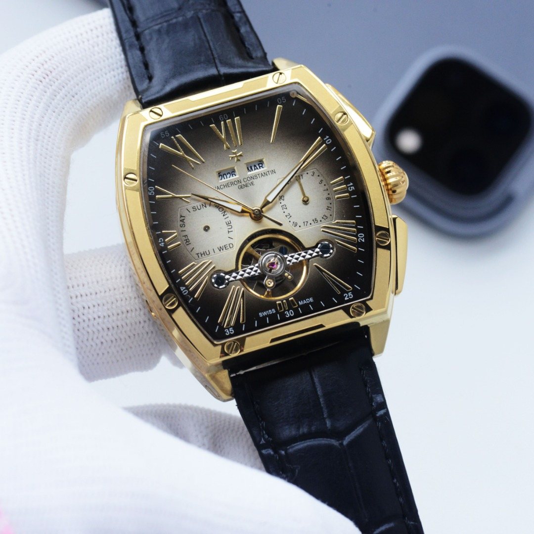 Vacheron Constantin Gold Black Dial Strap Watch