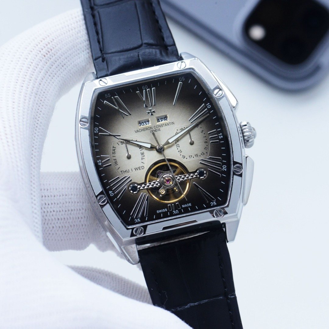 Vacheron Constantin Black Silver Dial Strap Watch