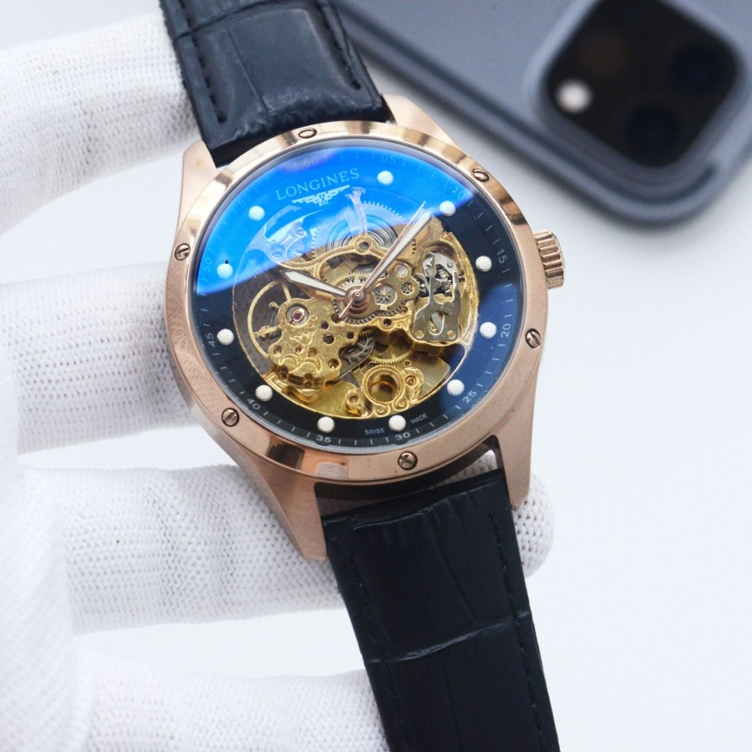 Longines Rose Gold Black Leather Strap Watch