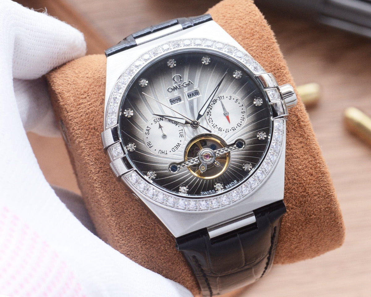 Omega Black Silver Dial Strap Watch