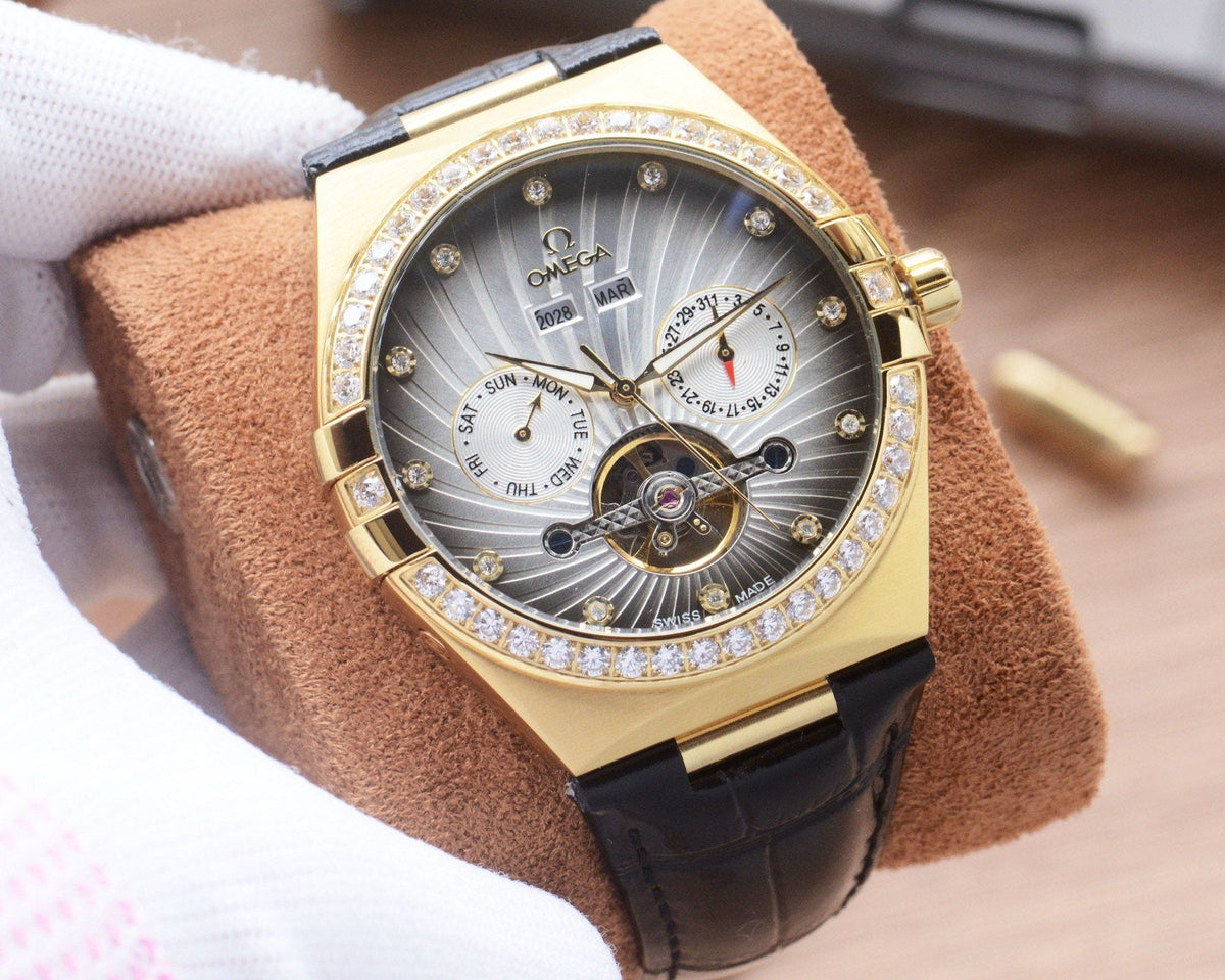 Omega Gold Black Silver Dial Strap Watch