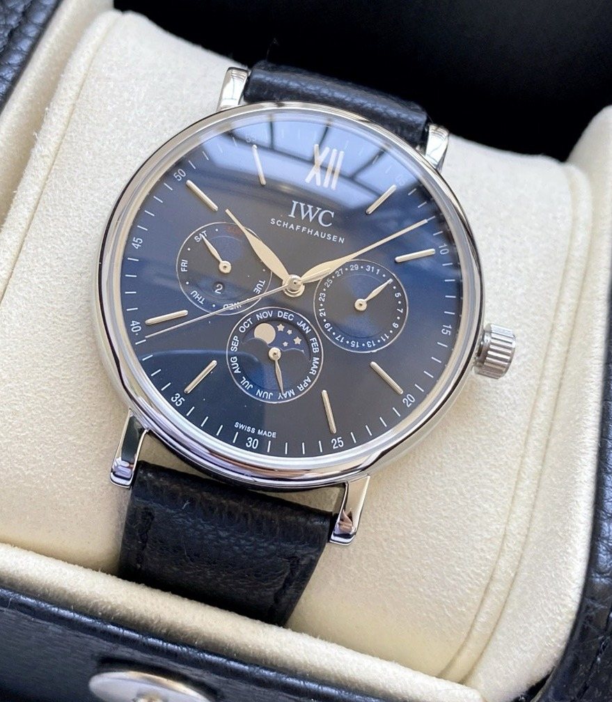 IWC Silver Black Blue Dial Leather Strap Watch
