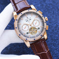 Patek Philippe Rose Gold Brown White Dial Leather Strap Watch