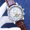 Patek Philippe Silver Brown White Dial Leather Strap Watch