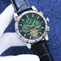 Patek Philippe Silver Black Green Dial Leather Strap Watch