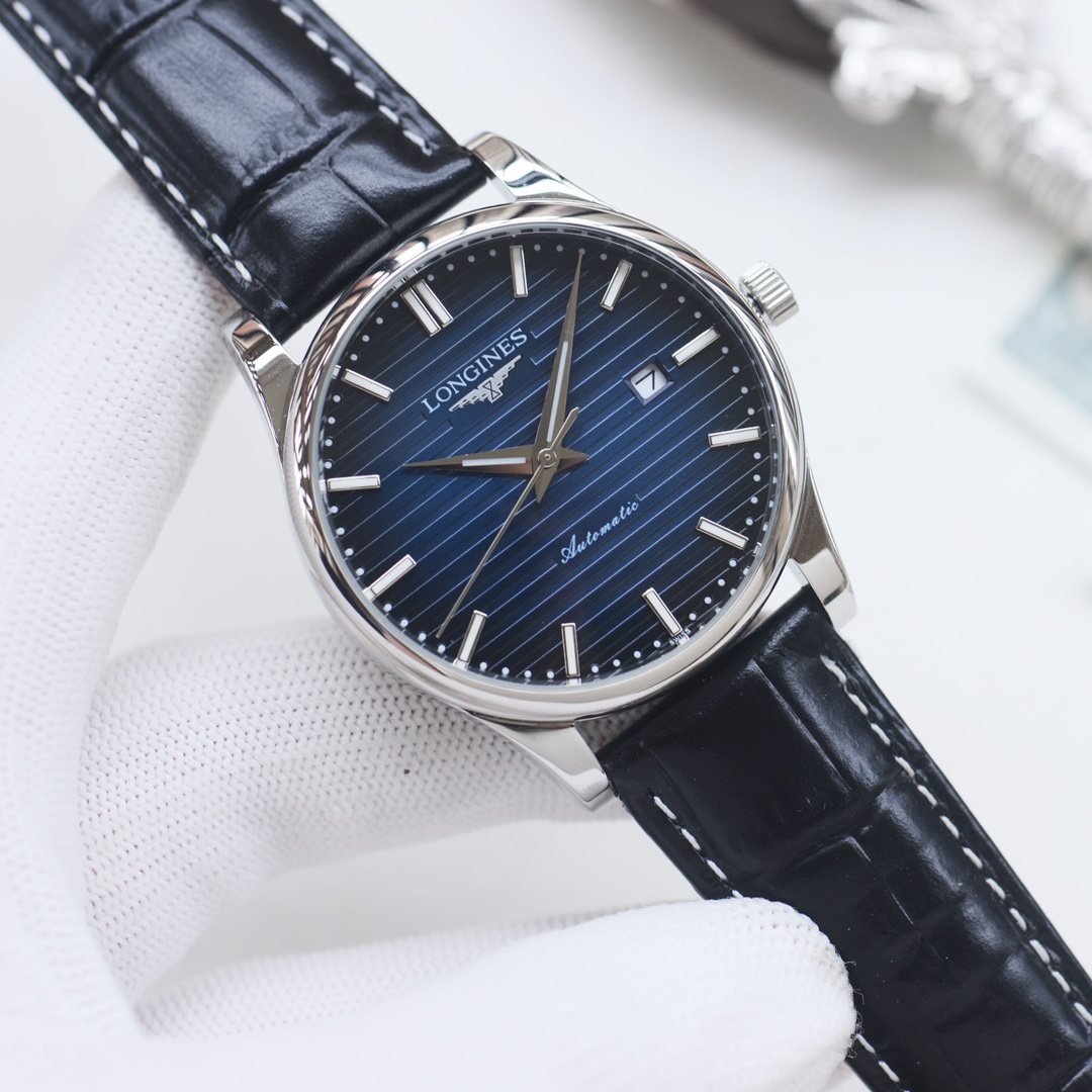 Longines Black Silver Blue Dial Leather Strap Watch