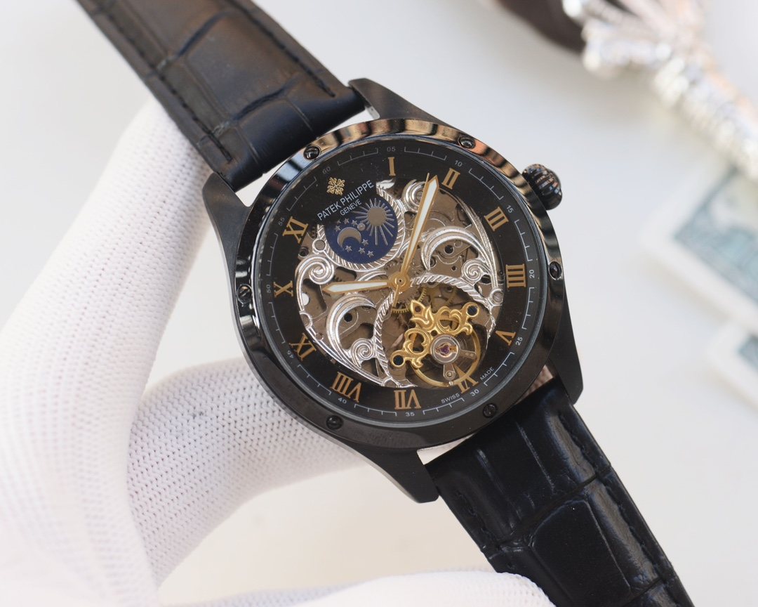 Patek Philippe Black Dial Leather Strap Watch