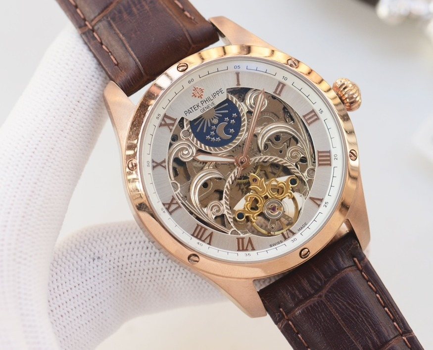 Patek Philippe Rose Gold White Gold Dial Leather Strap Watch