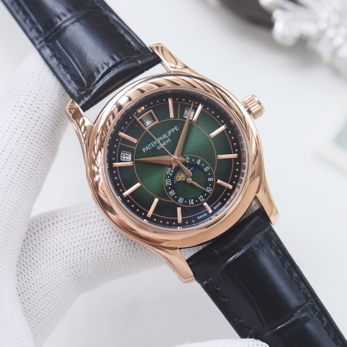 PATEK PHILIPPE Rose Gold Black Green Dial Strap Watch