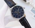 Omega Silver Black Blue Dial Leather Strap Watch