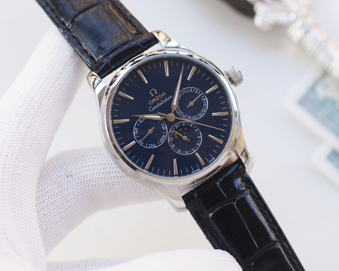 Omega Silver Black Blue Dial Leather Strap Watch
