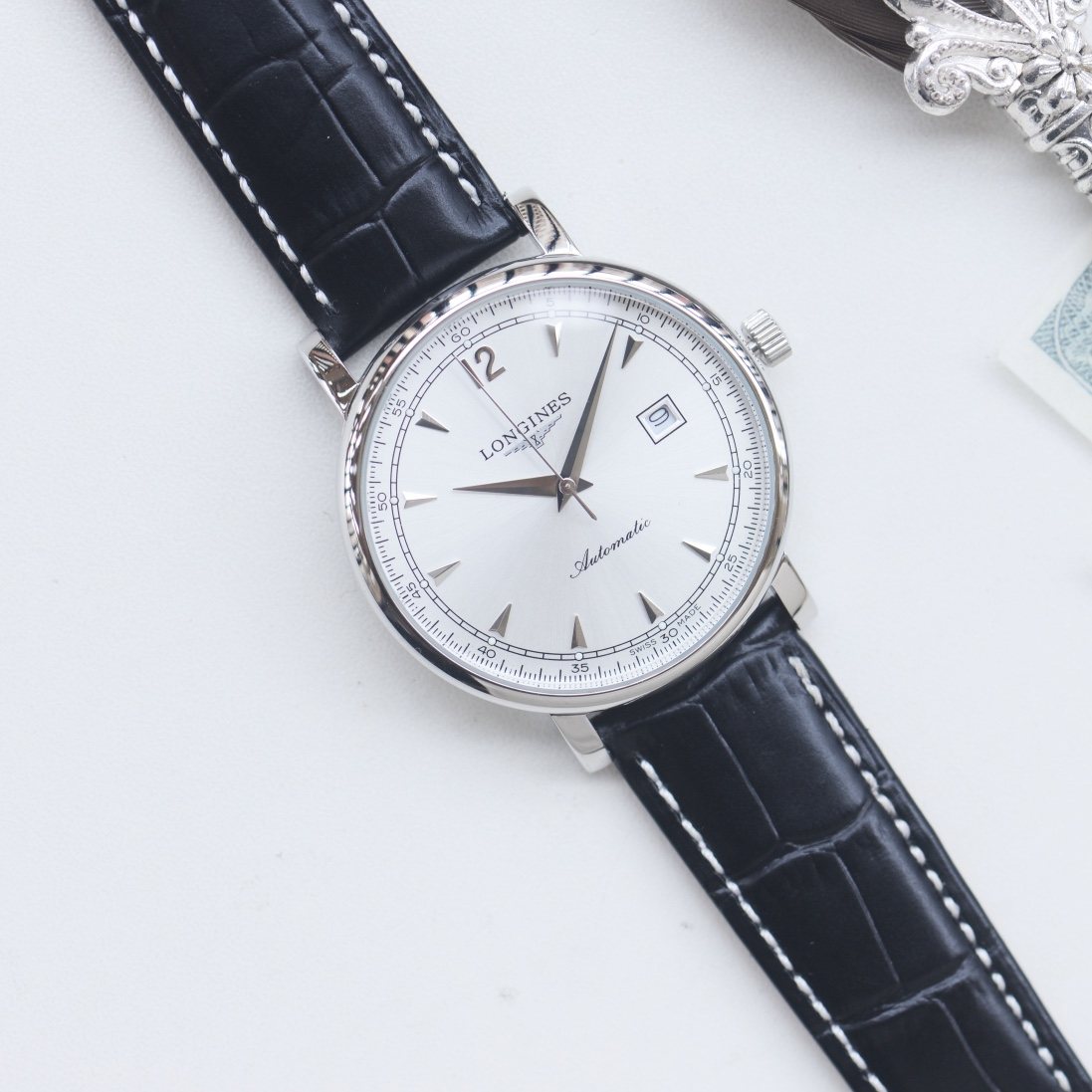 Longines Gold Silver White Dial Strap Watch