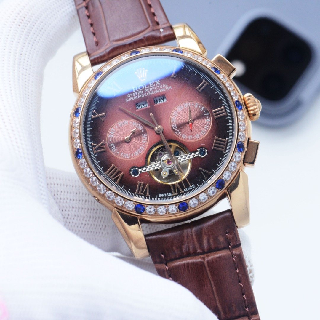 Rolex Rose Gold Brown Strap Watch