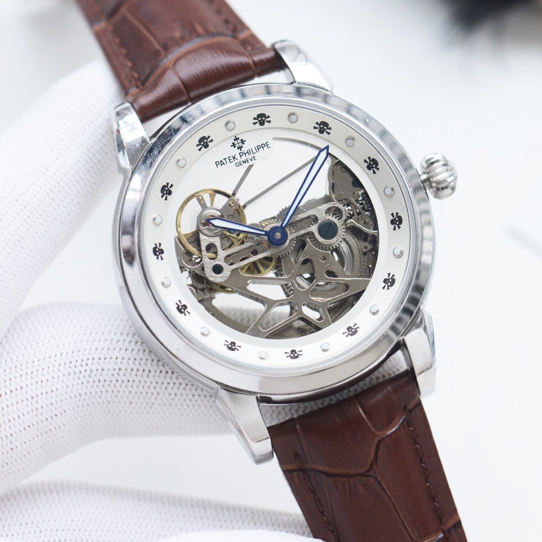 Patek Philippe Silver Brown Leather Strap Watch