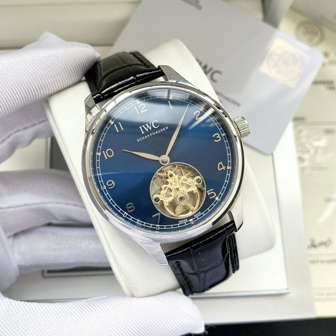 IWC Silver Black Blue Dial Strap Watch