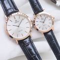Omega Rose Gold Black Strap Couple Watch Set