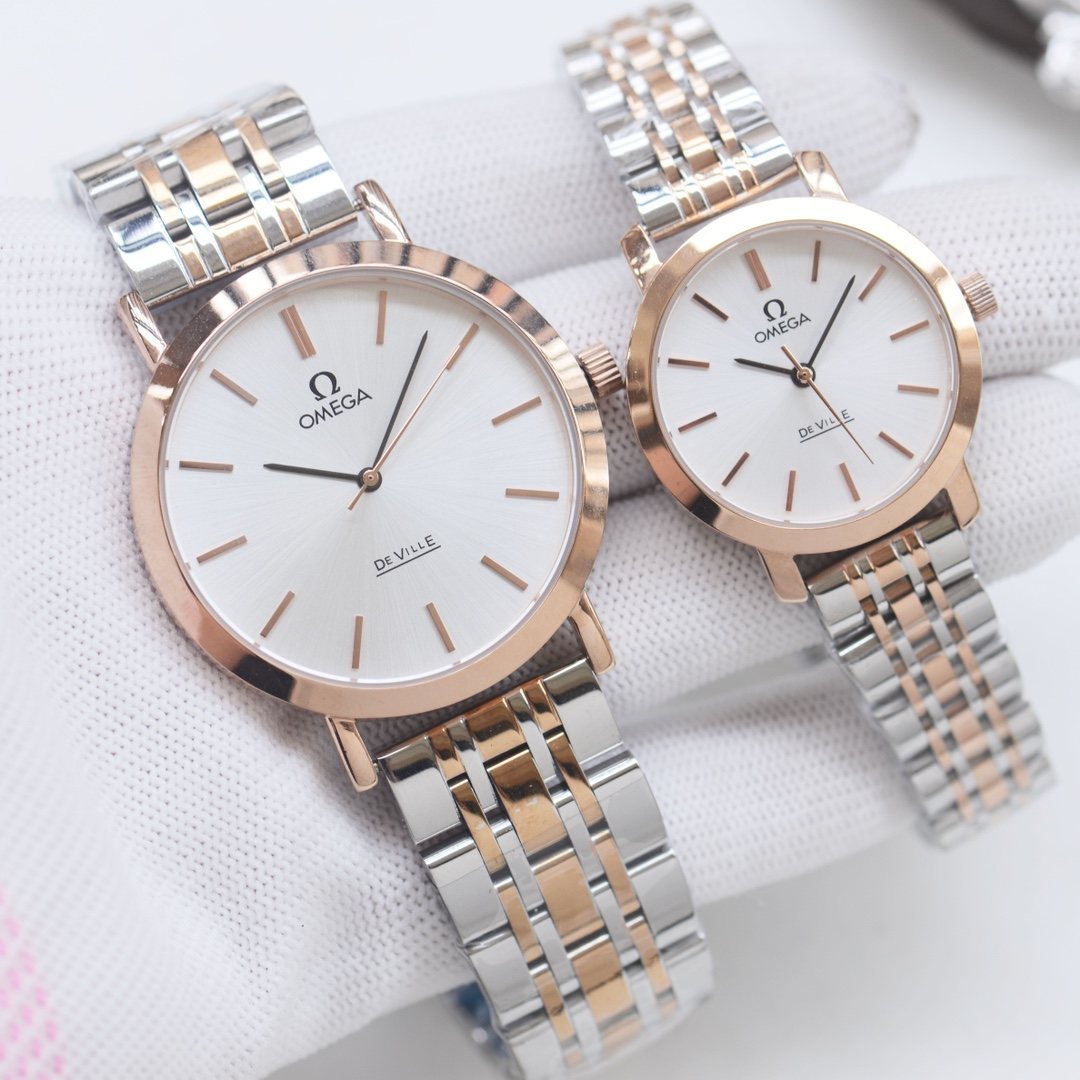Omega Rose Gold Silver Bracelet Couple Watch Set