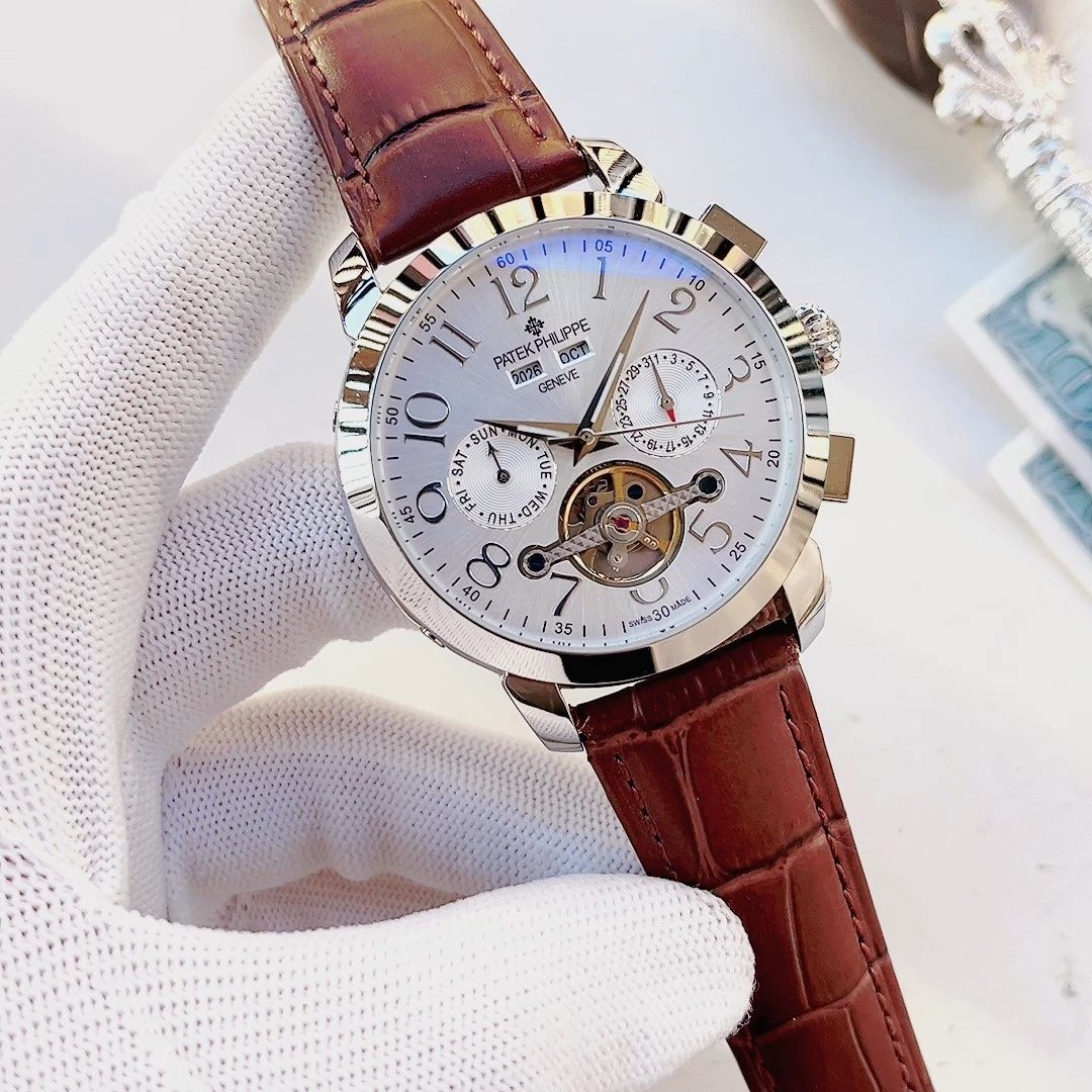 Patek Philippe White Dial Burgundy Strap Watch