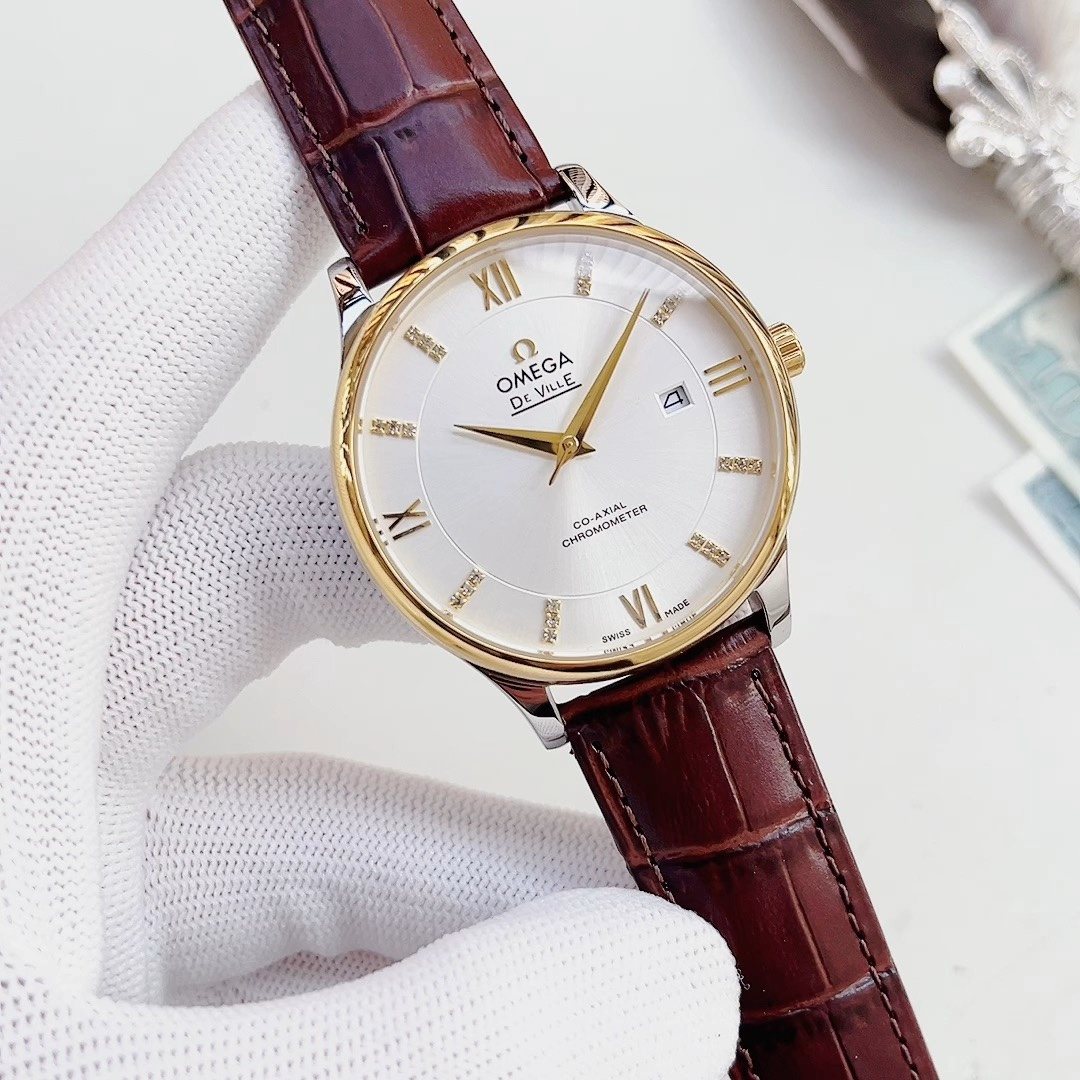 OMEGA White Dial Burgundy Strap Watch
