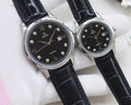 Omega Black Dial Leather Strap Couple Watch Set