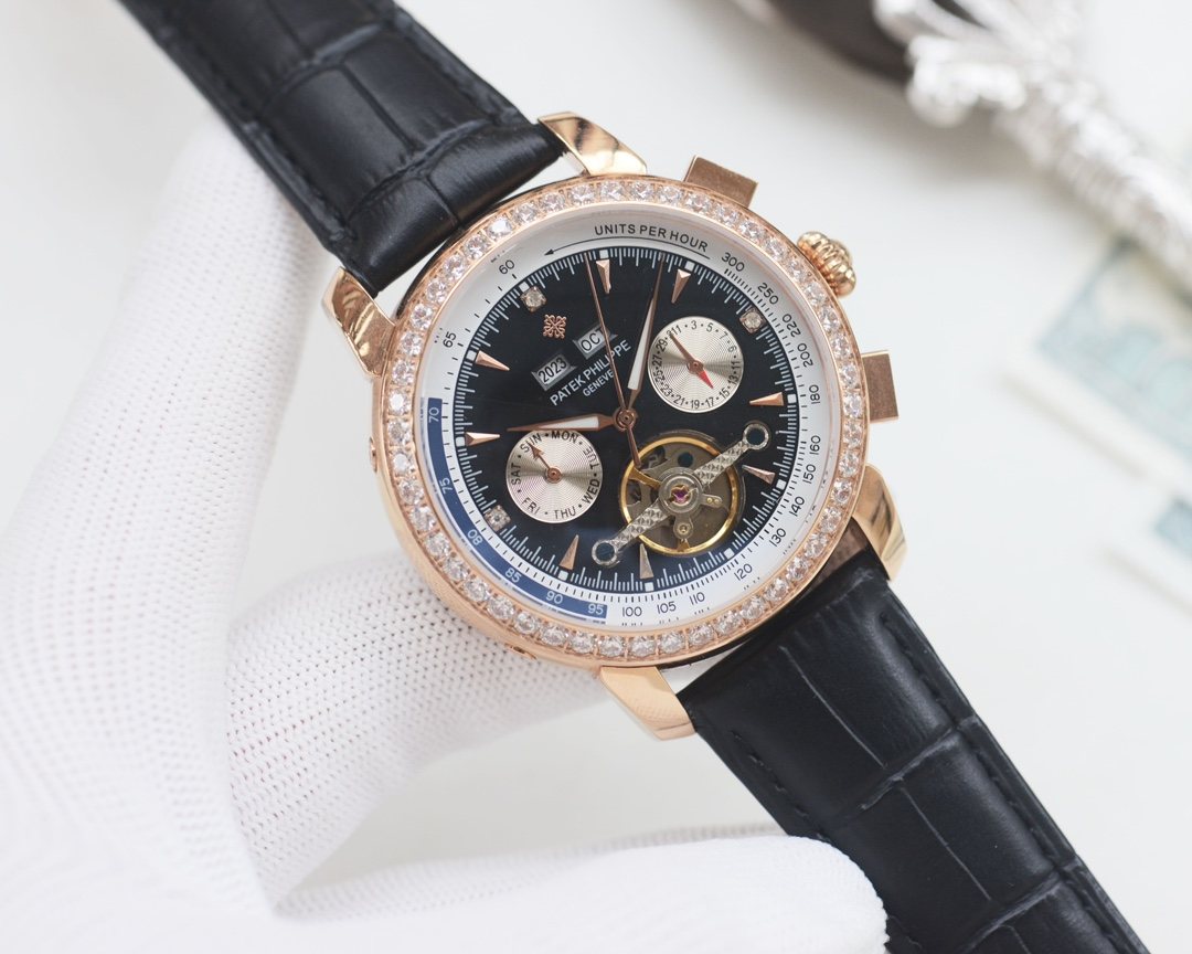 PATEK PHILIPPE Rose Gold Black Dial Leather Strap Watch
