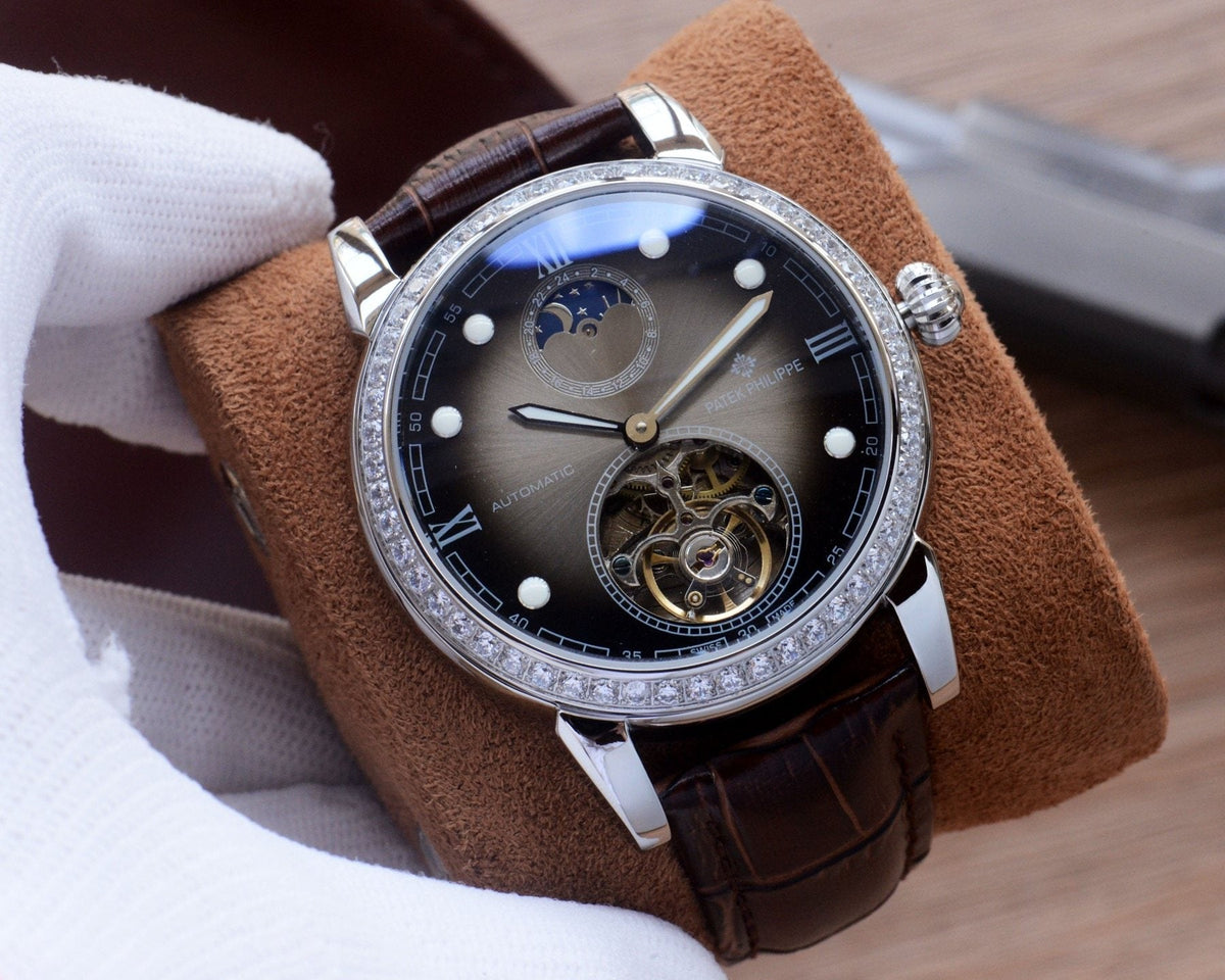 Patek Philippe Silver Brown Black Dial Strap Watch