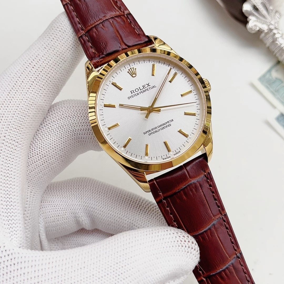 Rolex White Dial Brown Strap Watch