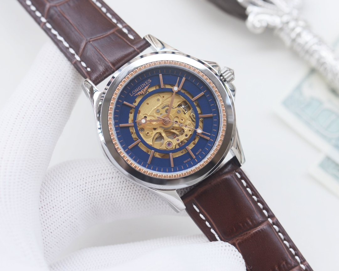 Longines Brown Blue Dial Leather Strap Watch