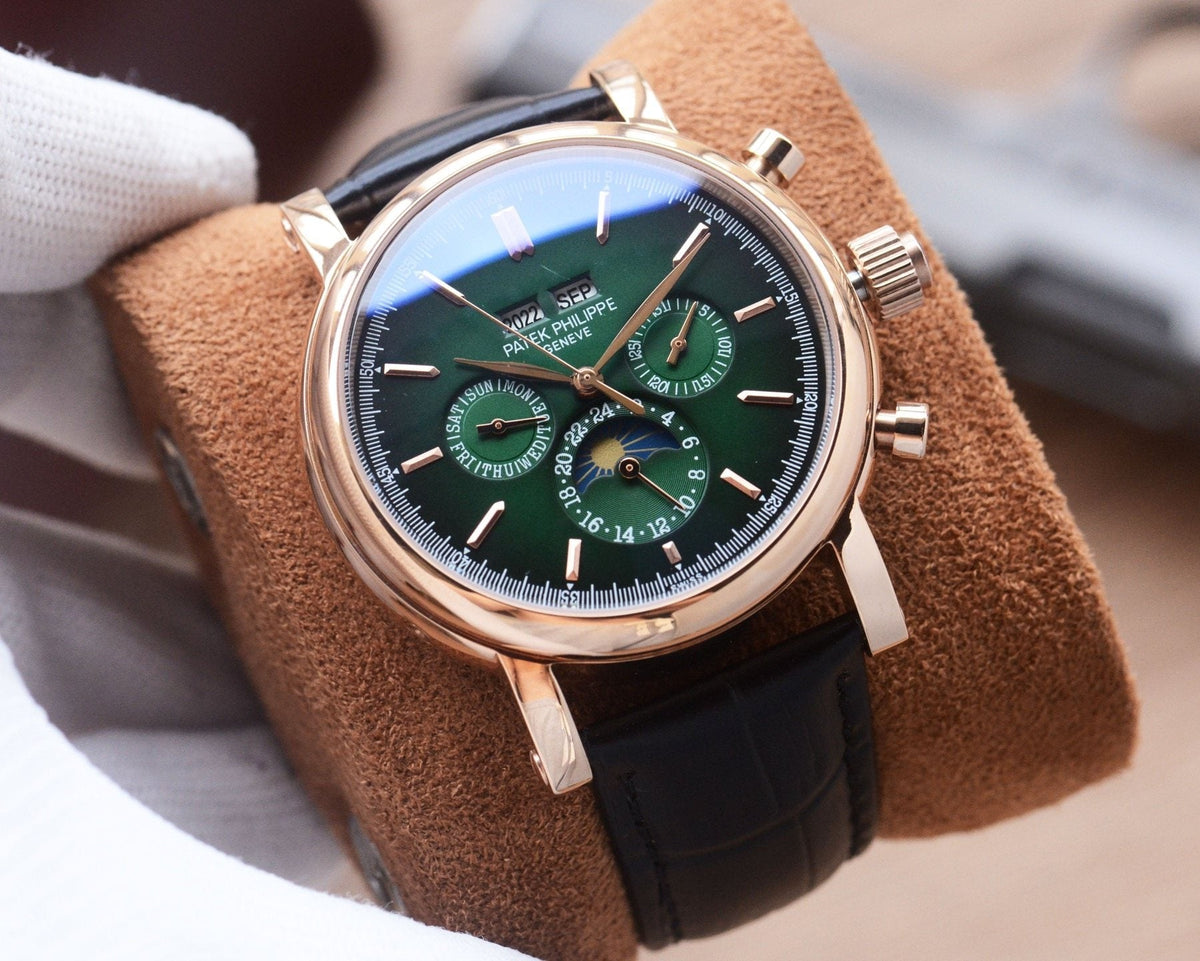 Patek Philippe Rose Gold Brown Green Dial Strap Watch
