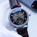 Patek Philippe Silver Brown Blue Dial Leather Strap Watch