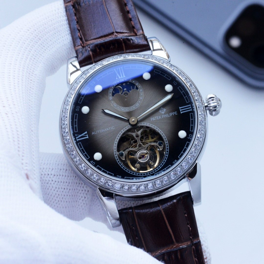 Patek Philippe Silver Brown Blue Dial Leather Strap Watch