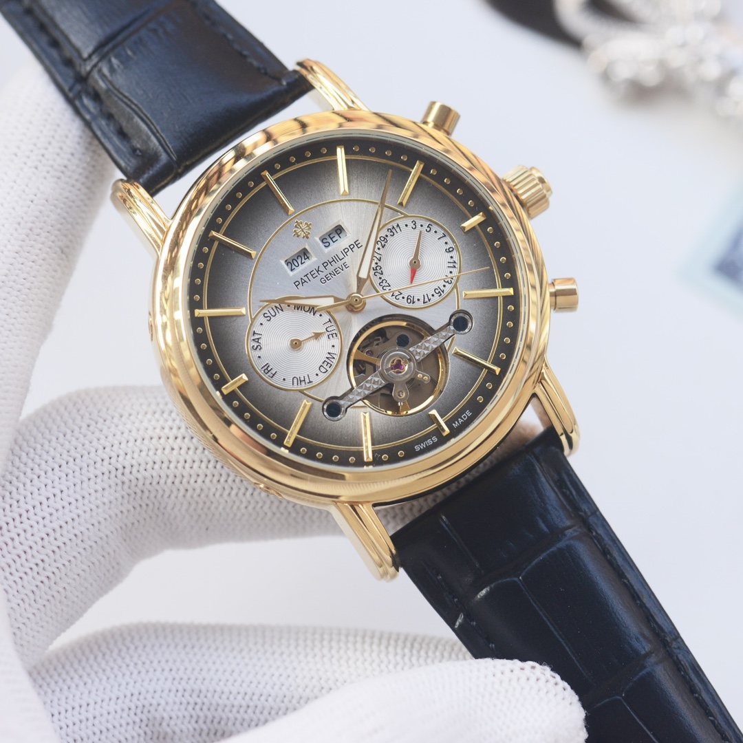 PATEK PHILIPPE Gold Black Dial Leather Strap Watch