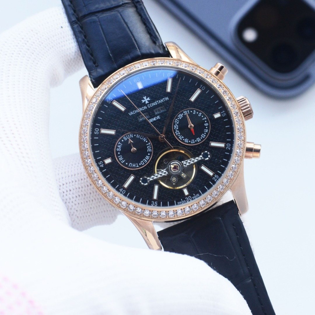 Vacheron Constantin Blue Rose Gold Black Dial Strap Watch