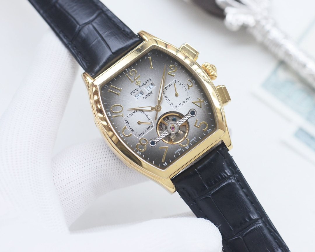 Patek Philippe Gold Black White Dial Strap Watch