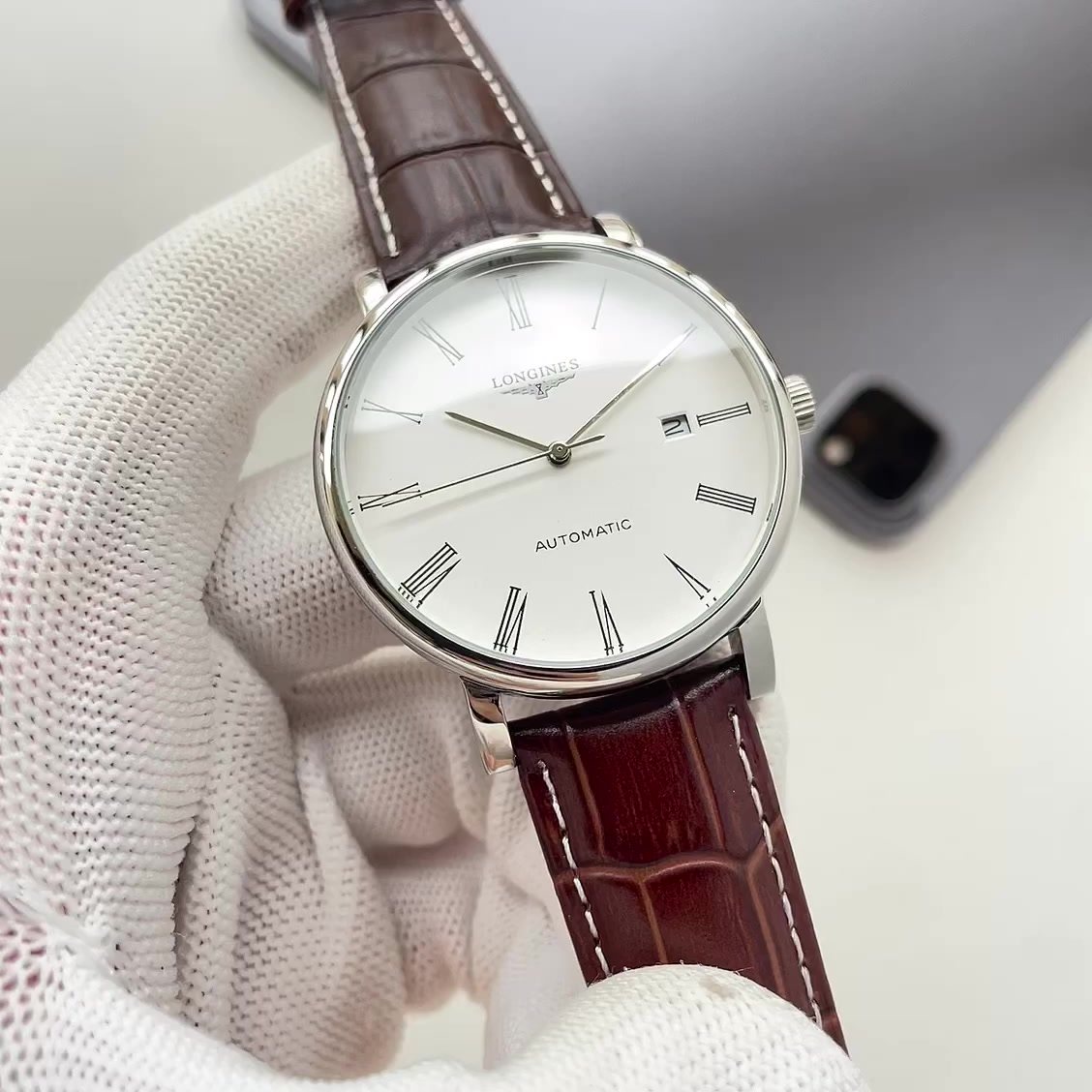 Longines White Dial Brown Leather Strap Watch
