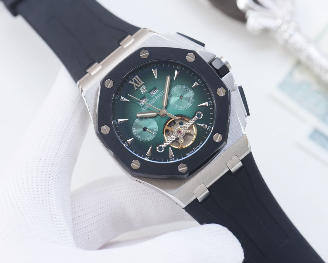 Audemars Piguet Silver Black Green Dial Strap Watch