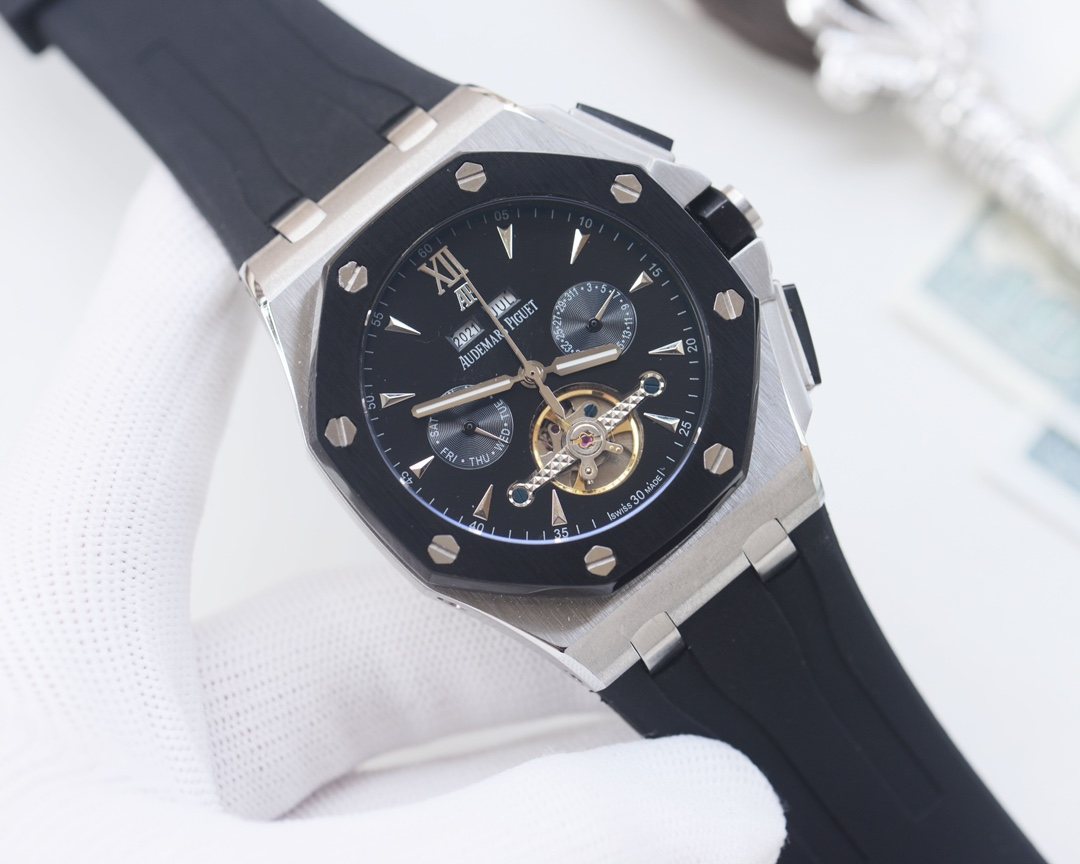Audemars Piguet Silver Black Dial Strap Watch