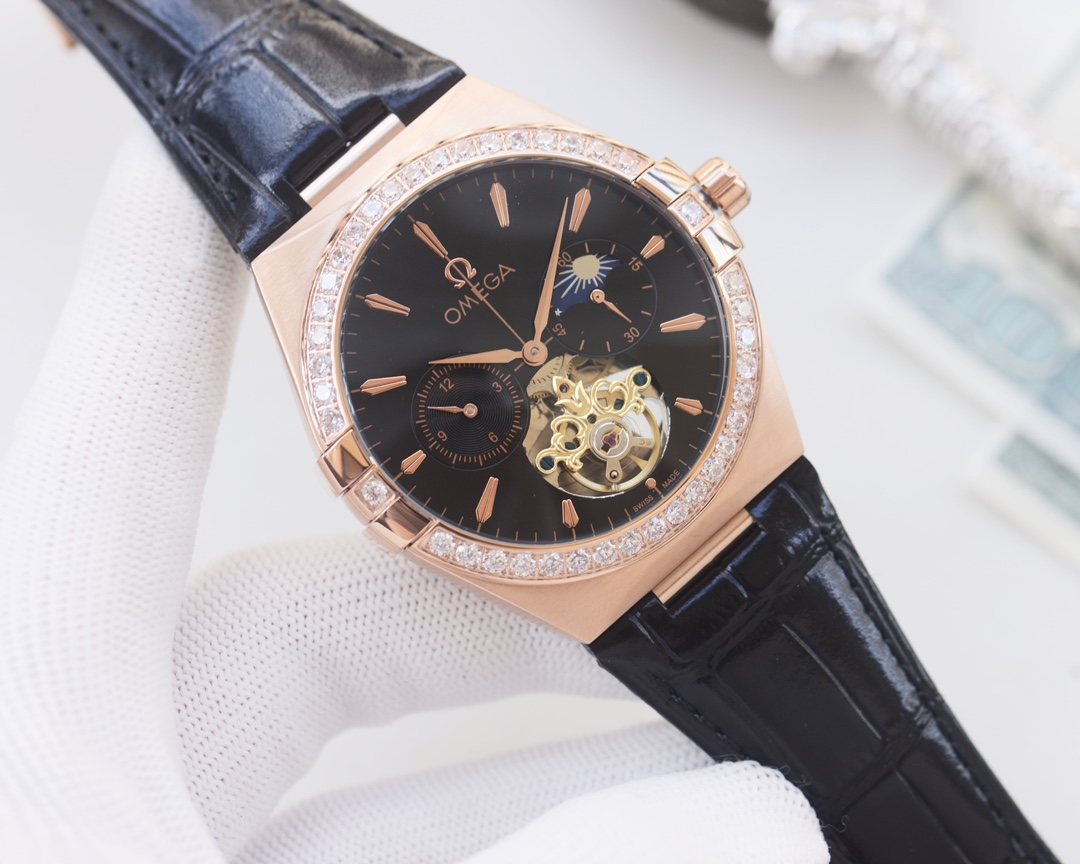 OMEGA Rose Gold Black Dial Strap Watch