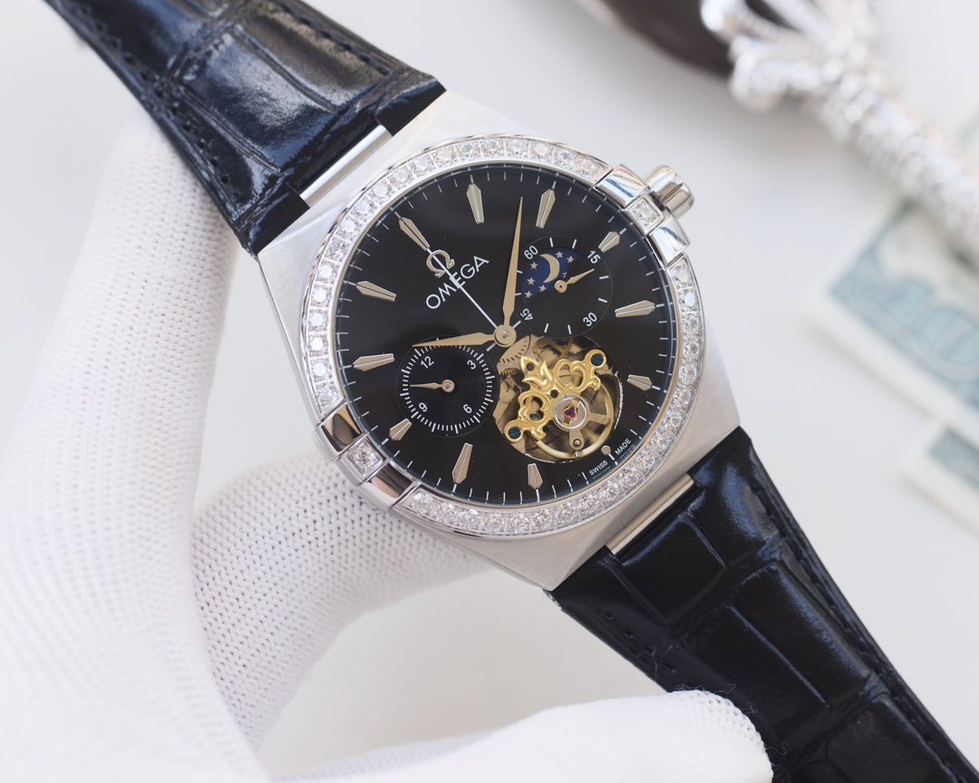 OMEGA Silver Black Dial Strap Watch